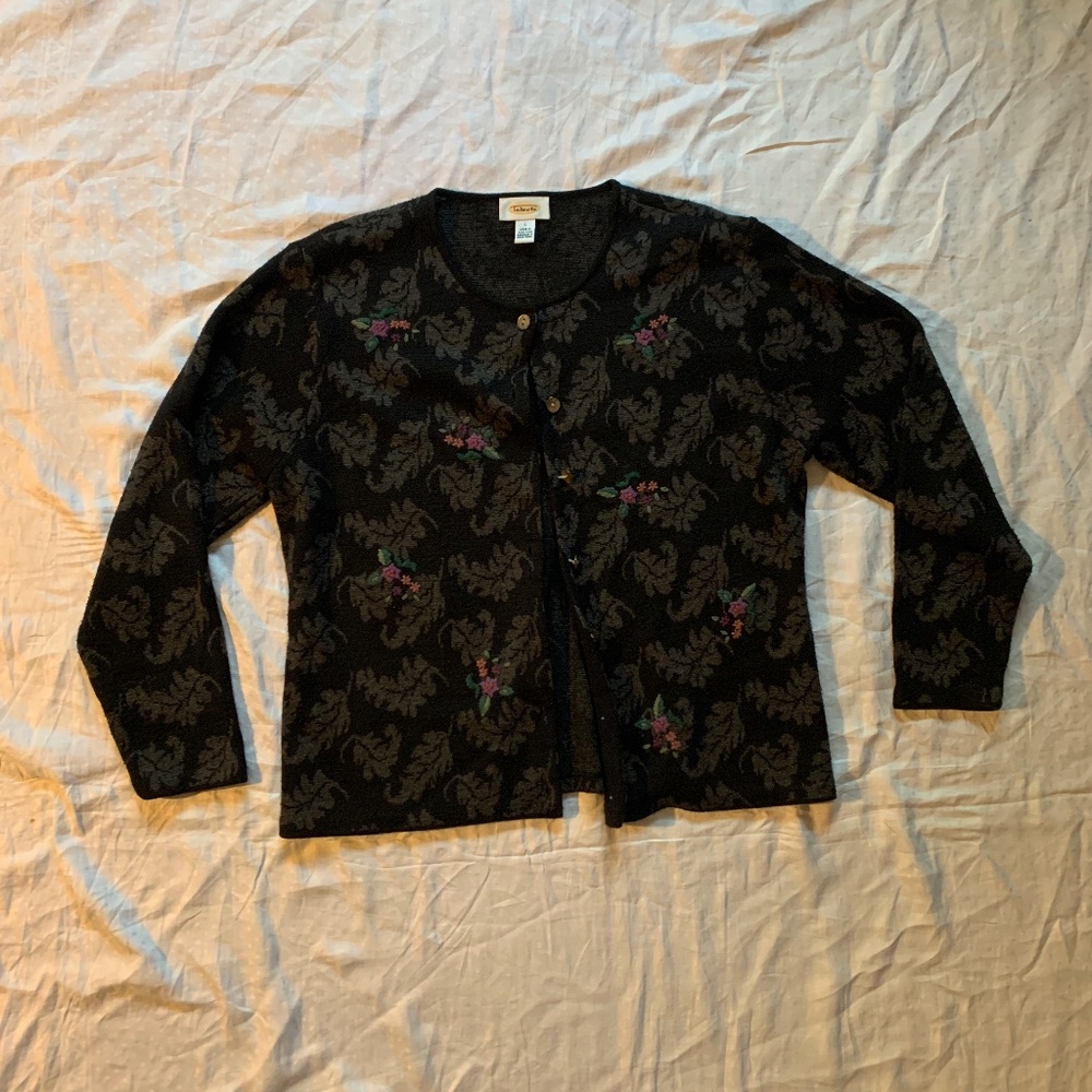Talbots wool blend cardigan sweater with floral embroidery, size L, short length